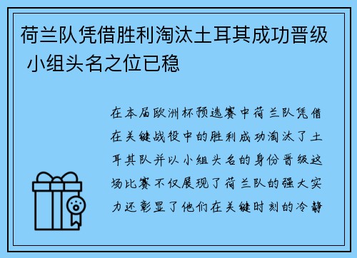 荷兰队凭借胜利淘汰土耳其成功晋级 小组头名之位已稳