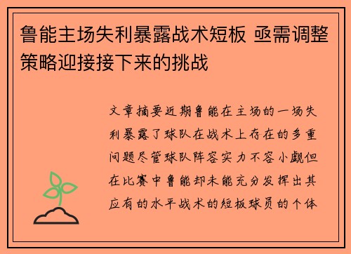 鲁能主场失利暴露战术短板 亟需调整策略迎接接下来的挑战